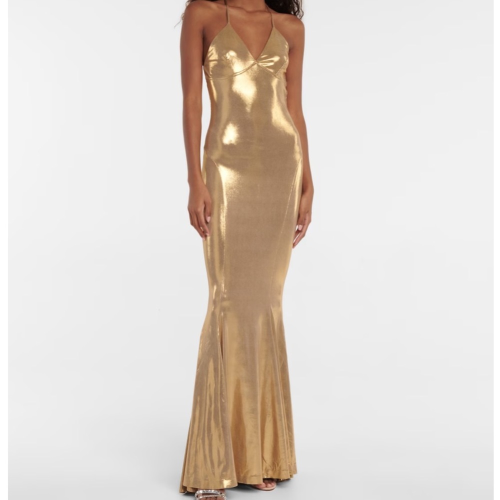 NORMA KAMALI Lamé fishtail slip gown open back